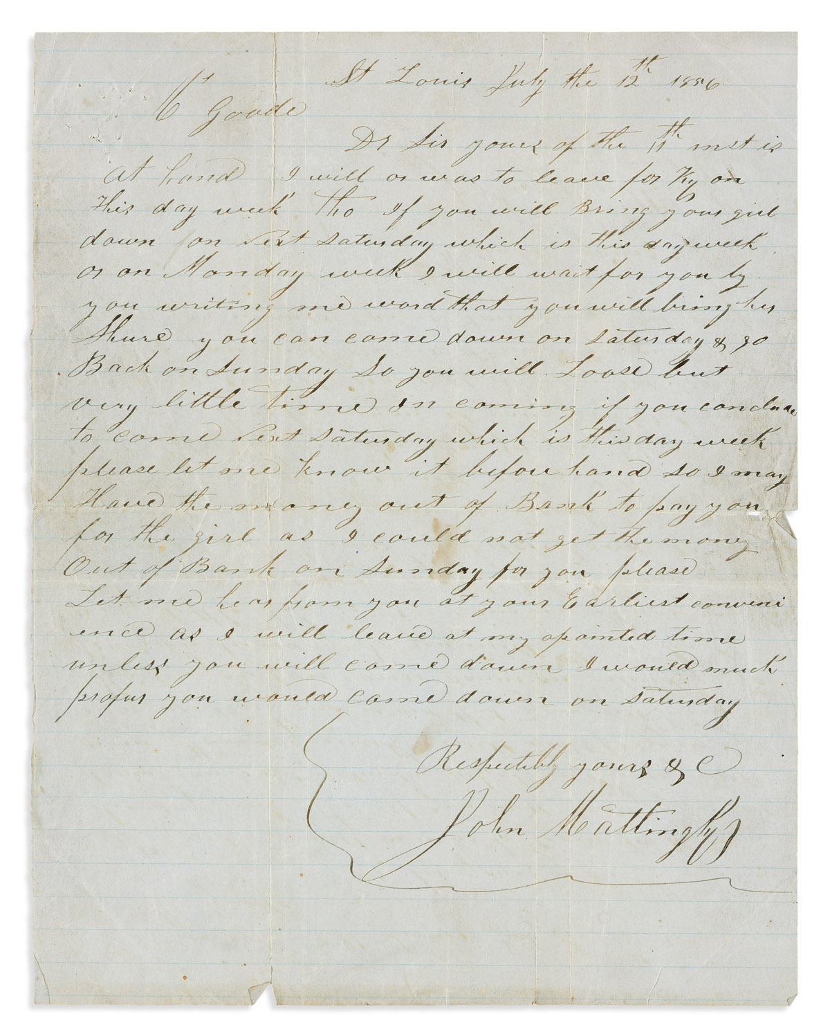 (SLAVERY & ABOLITION.) John Mattingly. Letter from a slave trader regarding the purchase of a girl.